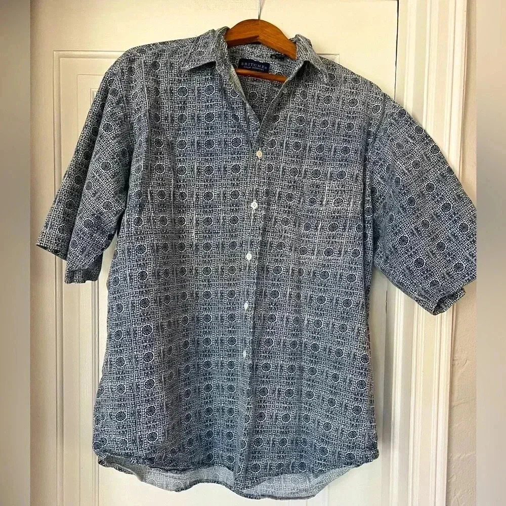 Britches Great Outdoors 100% Cotton Button-Up Shirt XL Blue White Geometric